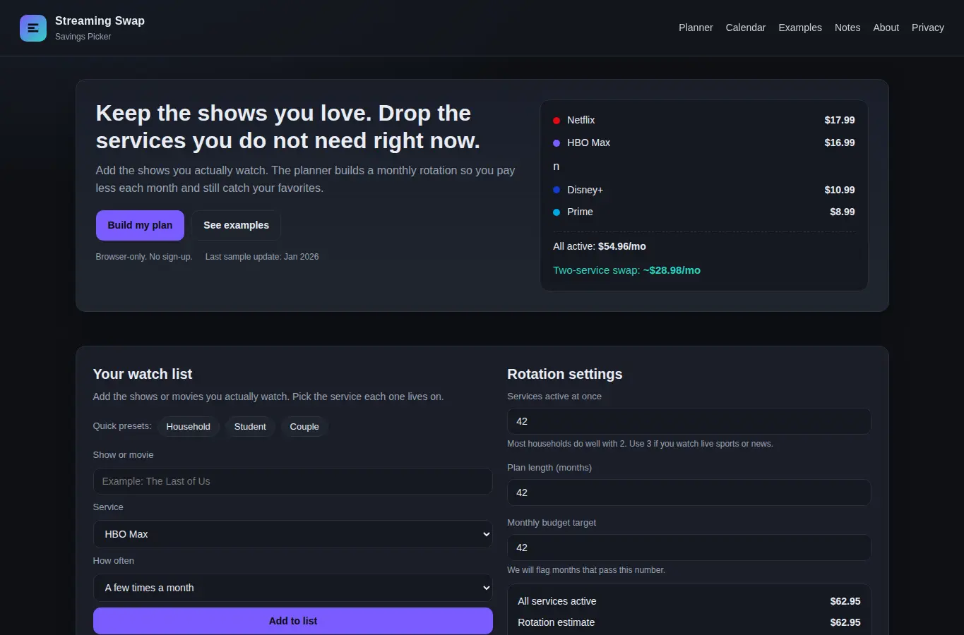 Screenshot of Streaming Swap Savings Picker interface showing the project page in use